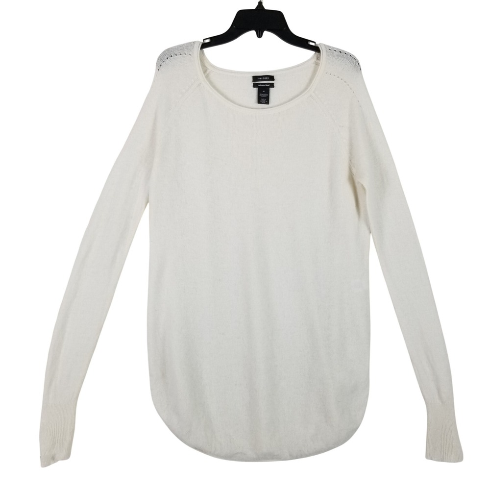 Halogen Sweater Women Medium Ivory Wool Cashmere Blend Pointelle Raglan Knit